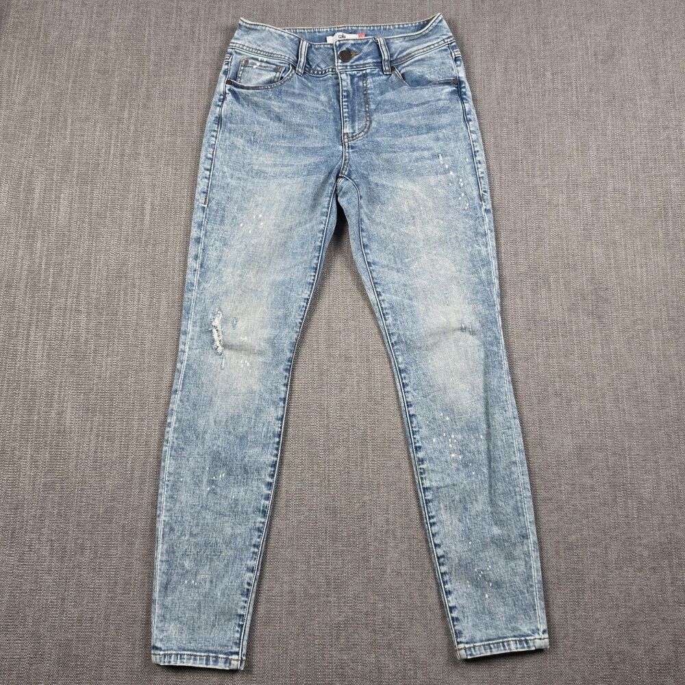 Cabi Cinch Skinny Jeans Size 6 Blue Acid Wash Paint Splatter Distressed Mid Rise